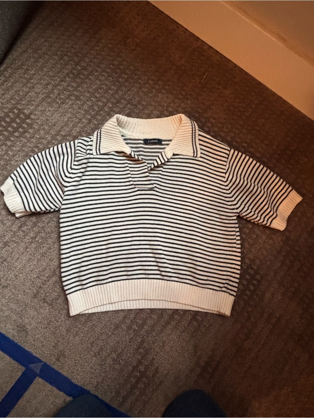 Striped Short-Sleeve Knit Polo Sweater - Cream & Black